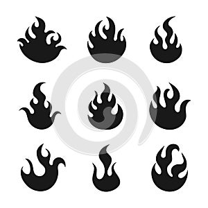 Fire flame silhouette icon set isolated on white background