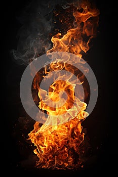 Fire flame and smoke of campfire isolated on black background, vertical view of abstract burning pattern at night. Concept of