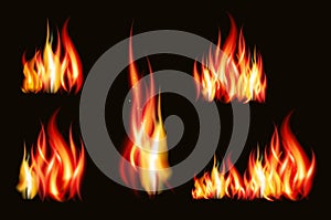 Fire flame strokes realistic isolated on black background vector illustration