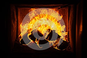 Fire flame texture. Logfire in fireplace. Abstract flames, Blaze fire for banner. Burning concept.