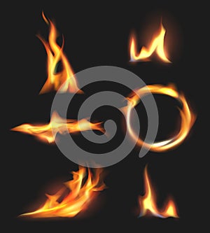 Fire flame. Various shapes of fire hot explosion of flames decent vector realistic templates
