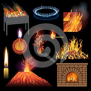 Fire flame vector fired flaming bonfire in fireplace and flammable campfire illustration fiery or flamy set of