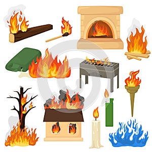 Fire flame vector fired flaming bonfire in fireplace and flammable campfire illustration fiery set of flamy torchlight