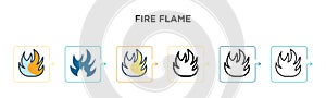 Fire flame vector icon in 6 different modern styles. Black, two colored fire flame icons designed in filled, outline, line and