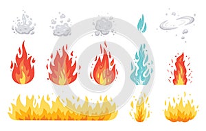 Fire flame vector icons in cartoon style. Flames of different shapes. Fireball set, flaming symbols.