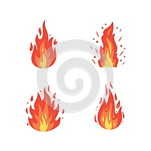 Fire flame vector icons in cartoon style. Flames of different shapes. Fireball set, flaming symbols.