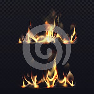 Fire flame, vector realistic long fire burning