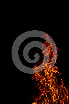 Fire flames on Abstract art black background texture, Burning red hot sparks rise from large fire in, Fiery orange glowing