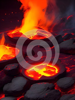 fire flames on the background of the fireplace. lava on vocano , Ai generated