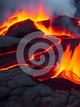 fire flames on the background of the fireplace. lava on vocano , Ai generated