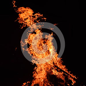 Fire flames on black background, Blaze fire flame texture background, Beautifully, the fire is burning, Fire flames with wood and