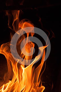 Fire flames on a black background. Blaze fire flame texture background. Close up of fire flames isolated on black background. Burn