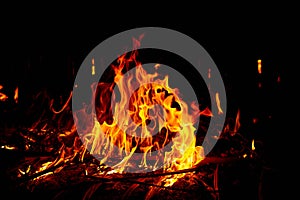 Fire flames on black background. Burning texture