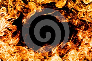 Fire flames on black background, frame, border.