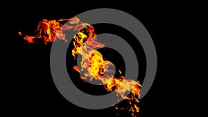 Fire flames on black background isolated. Burning gas or gasoline burns with fire and flames. Flaming burning sparks close-up,