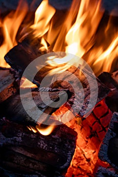 fire flames, burning wood in a fireplace, closeup of photo photo