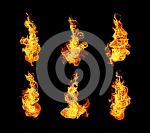 Fire flames collection isolated on black background