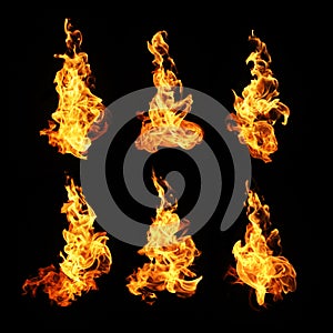 Fire flames collection isolated on black background