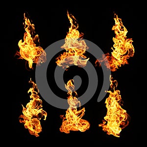 Fire flames collection isolated on black background