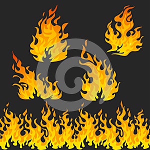 Fire flames on dark background. Seamless pattern flames