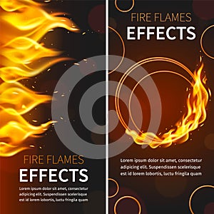 Fire flames and effects realistic banner set