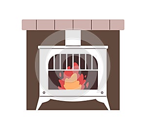 Fire flames in fireplace. Cozy home fireside with burning blazes, metal grate. House hearth. Cosy indoor furnace