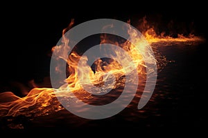 Fire flames isolated on black background, flame trail. Moving fire texture