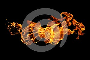 Fire flames isolated on black background, movement of fire flames