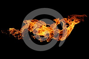 Fire flames isolated on black background, movement of fire flames