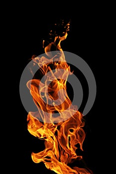 Fire flames isolated on black background, movement of fire flames