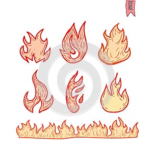 Fire flames, set icons, vector illustration.