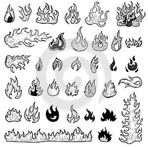 Fire flames, set icons, vector illustration.