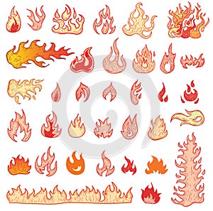 Fire flames, set icons, vector illustration.