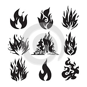 Fire flames, set icons, vector illustration. Hand drawn sketch fire flame