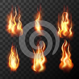 Fire flames set realistic isolated on transparent background. Vector illustration.