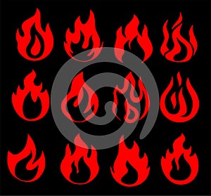 Fire flames, set vector icons. Fire icon. Isolated on white background. Scarlet flame on a black background icon set.