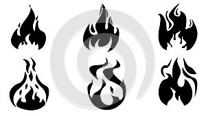 Fire flames, set vector icons. Flames icons. Flame silhouettes. Black firing icons, warning symbols isolated on white. Burning