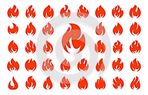 Fire flames set vector icons. Red hot bonfire, campfire, heat wildfire, fireball symbol. Vector illustration isolated