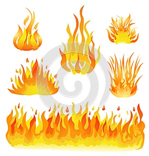 Fire and flames set vector illustration. design elements on white