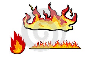 Fire flames set on white background.