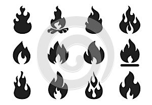 Fire flames silhouette. Flaming campfire, hot inferno flame shape. Simple vector illustration icons set