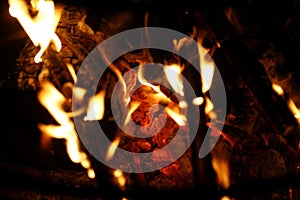 Fire flames and smoke from large logs close up grill background wood burning big size high quality instant print