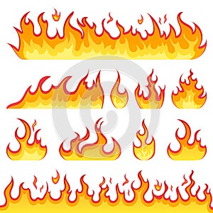 Fire flames vector icons in cartoon style on a white background. Flames of different shapes. Fireball set, flames symbols. Vector