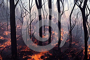 Fire flare in forest with smoke among trees dramatic background. Strong wildfire devouring hills and plants with