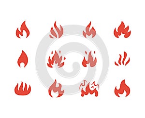 Fire flat glyph icons. Flame shapes silhouette, bonfire vector illustration, flammable warning sign, red color