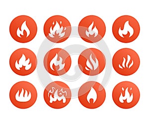 Fire flat glyph icons. Flame shapes silhouette, bonfire vector illustration, flammable warning sign, red color