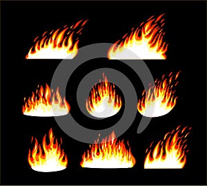 Fire flat icons and pictograms set isolated on black background for danger concept or logo design. Set of red and orange