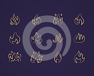 Fire flat line icons. Flame shapes silhouette, bonfire vector illustration, flammable warning sign