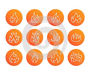 Fire flat line icons. Flame shapes silhouette, bonfire vector illustration, flammable warning sign