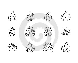 Fire flat line icons. Flame shapes silhouette, bonfire vector illustration, flammable warning sign